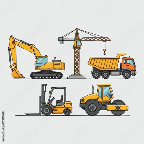 Construction equipment set with crane excavator and vehicles.