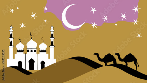 Desert oasis with mosque and camels Vector, illustration
