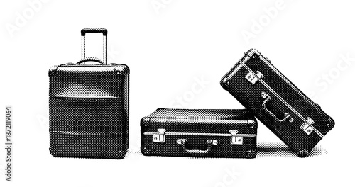 Vintage halftone illustration of three suitcases in different positions