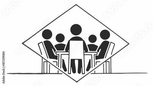 Group of people seated around a table in a diamond-shaped frame