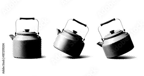 Three grayscale vintage teapots in artistic halftone style