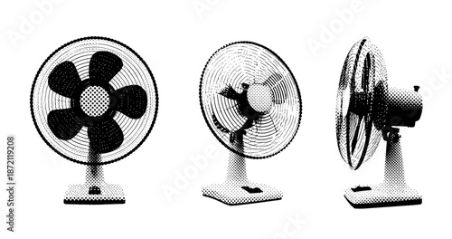 Vintage black and white electric fans in dot style: front, side, and back views