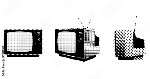 Retro black and white halftone vintage televisions with dials and antennas