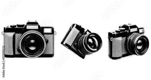 Set of three retro style halftone cameras in black and white design