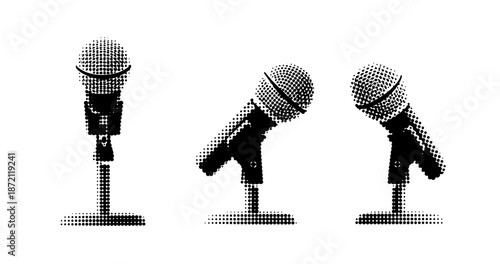 Set of three halftone microphones on stands in different positions