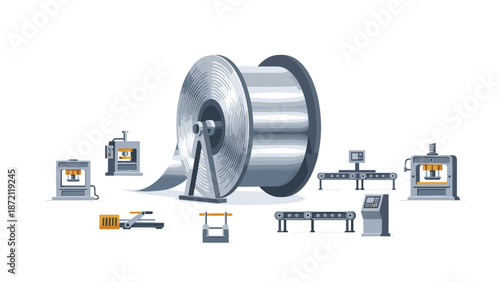 A central roll of metal sheet or foil is surrounded by industrial machines, presses, and conveyor belts, representing a manufacturing facility setup.