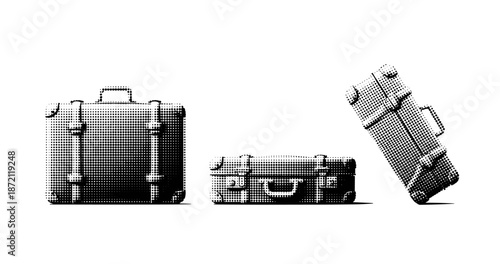 Grayscale halftone luggage set displayed in various angles