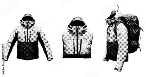 Monochrome outdoor gear: jacket and backpack in retro style
