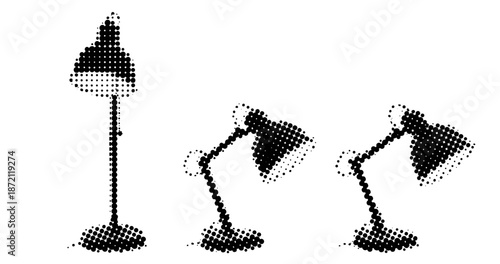 Stylized dot art of floor and desk lamps in various sizes
