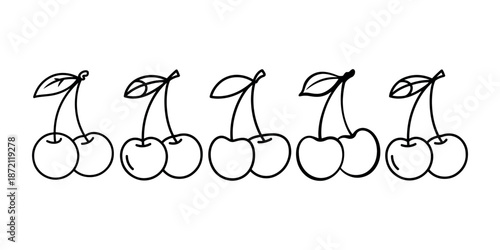 Five cherry pairs line art vector set isolated on white background for health food design