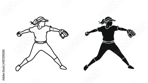 Female baseball player in action pose line art and dark silhouette