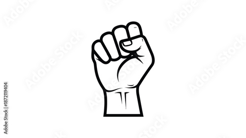 A powerful clenched fist illustration in stark black and white silhouette