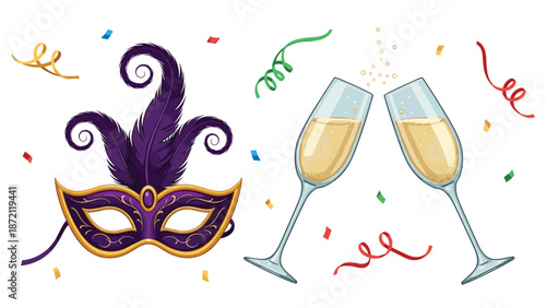 A masquerade mask with feathers and swirls is depicted next to two champagne glasses toasting with confetti, symbolizing festive celebrations.