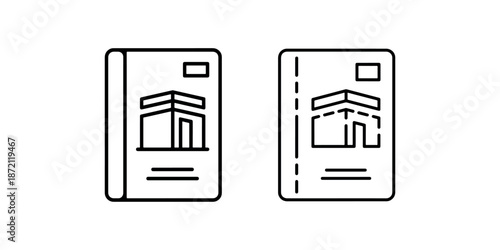 Kaaba book cover line icon set representing hajj and umrah pilgrimage guides in thin style