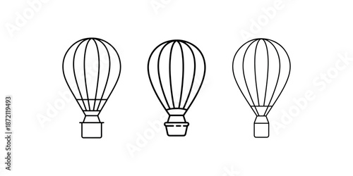 Hot air balloon line icon set showing different basket designs and striped balloon patterns