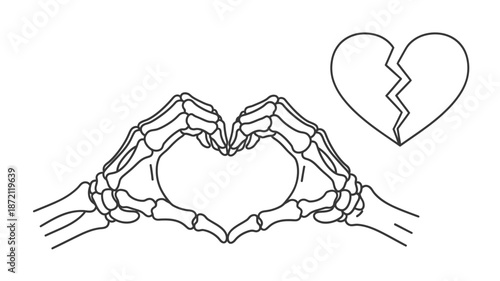 Skeletal hands forming a heart shape with a broken heart silhouette