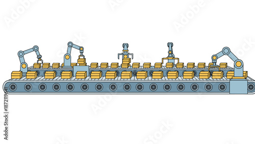An automated industrial conveyor belt system with robotic arms handles packages, symbolizing smart factory automation and efficient logistics operations.