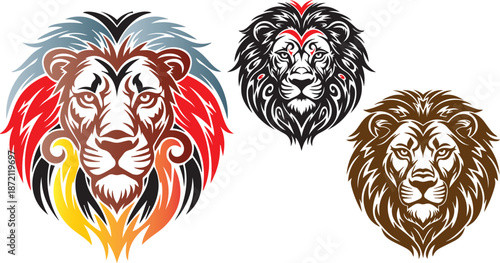 Majestic lion head design contrasting a stylized colorful artistic representation with a realistic brown silhouette on transparent background