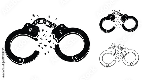 Broken handcuffs shattering into pieces representing freedom and justice silhouette