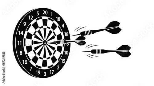 A black and white dartboard with flying darts a striking silhouette