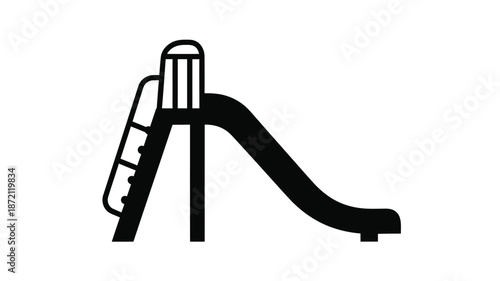 A black and white illustration of a playground slide a simple silhouette
