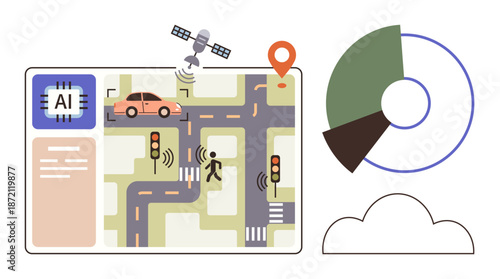 Artificial intelligence, urban planning, traffic safety, satellite navigation, data analytics, tech innovation. Digital interface showing interconnected roads. AI and urban planning concept