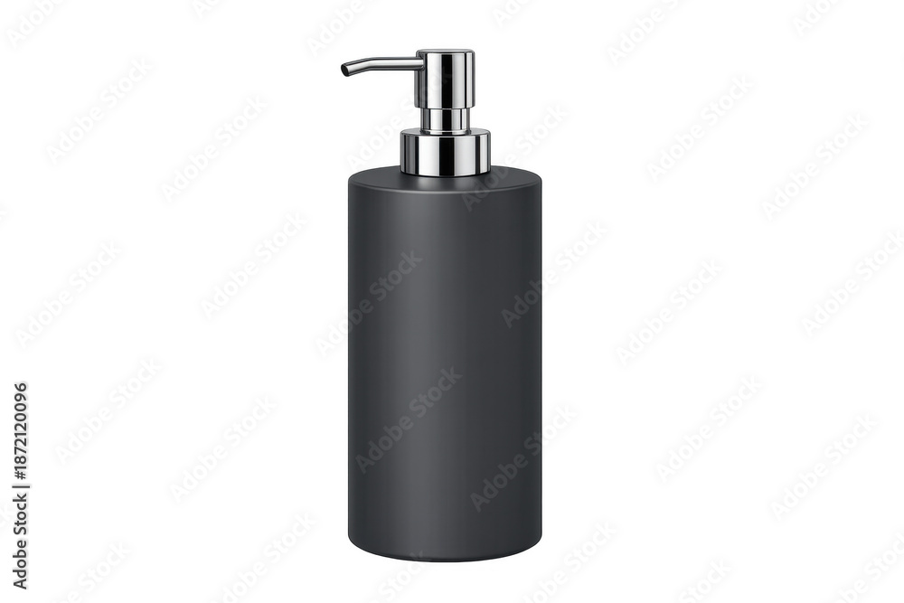 Obraz premium Matte black pump bottle dispenser for soap, lotion, or sanitizer with chrome top, isolated on transparent background