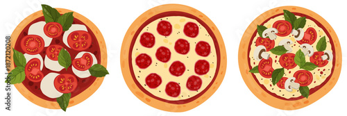 Flat vector illustration set featuring three classic pizza flavors in top view: Margherita pizza with tomato and mozzarella, pepperoni pizza and vegetable pizza with tomatoes, mushrooms and basil