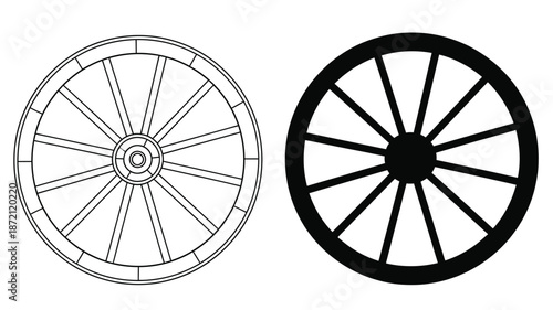 Two vintage wagon wheels depicted in contrasting styles a striking silhouette
