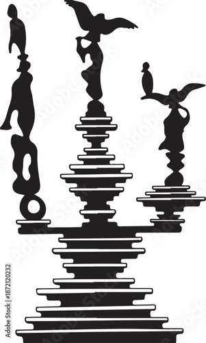 Silhouette of people and birds on stacked platforms in balance