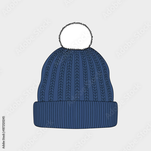 Blue knitted winter hat with white pom-pom.