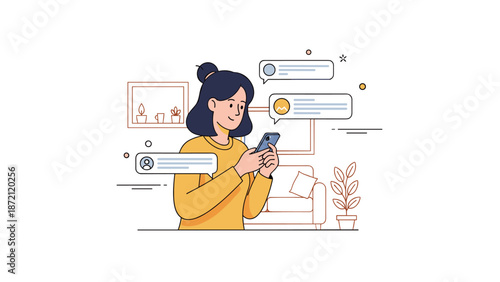 Young asian female engaging with social media on smartphone in stylish living room