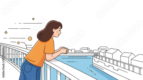Young female observing river from bridge in urban setting