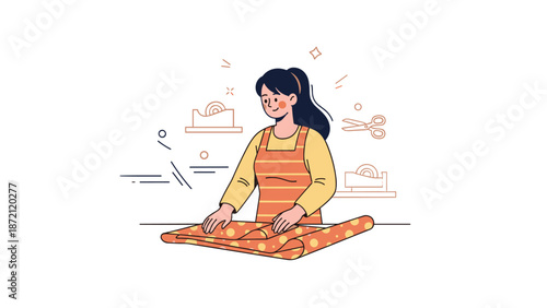 Asian female adult seamstress folding fabric in workshop setting