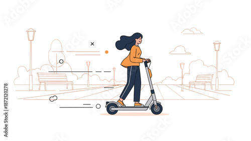 Young asian female riding scooter in park with flowing hair and relaxed posture