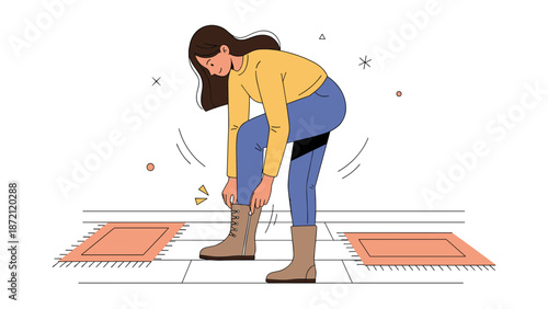 Young caucasian female tying boots on rug with brown hair and casual outfit