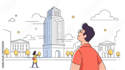 Urban scene with two adults in park: caucasian male and african female observing modern architecture