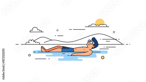 Young asian male relaxing in water under sunny sky - minimalist illustration