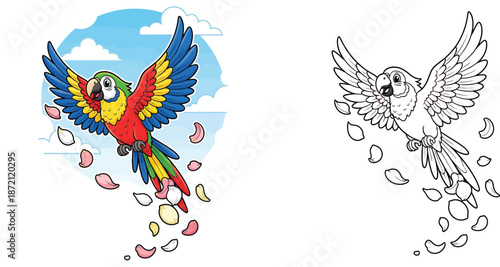Cartoon scarlet macaw parrot flying with spreading wings and falling flower petals in blue sky, cute colorful bird vector illustration.