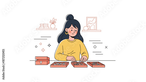 Young asian female organizing jewelry at home with a calm expression