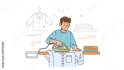 Young caucasian male ironing clothes in laundry room setting