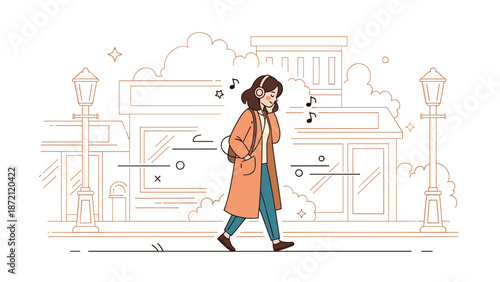 Young caucasian female walking with headphones in urban setting