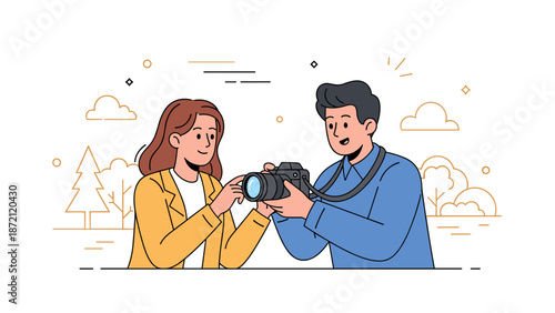 Illustrated scene of young caucasian couple learning photography outdoors