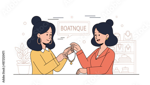 Two asian female adults shopping for jewelry at boutique store