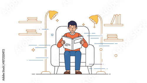 Young caucasian male relaxing and reading a book in a cozy armchair setting