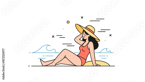 Young female relaxing on beach in red swimsuit and straw hat