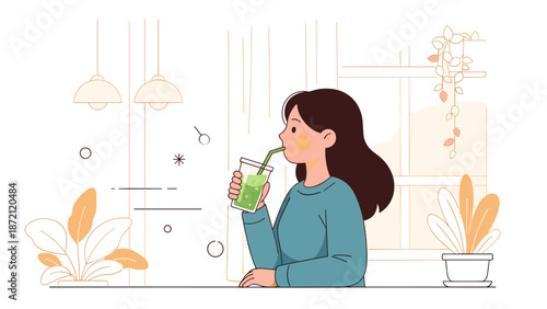 Young caucasian female drinking green juice at home