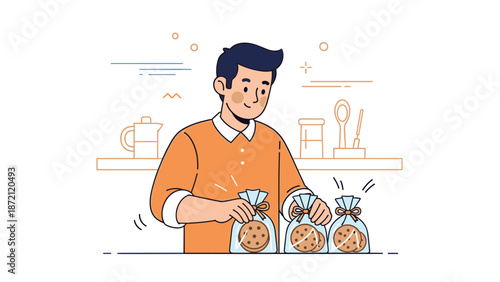 Young asian male packaging cookies in kitchen with care and attention