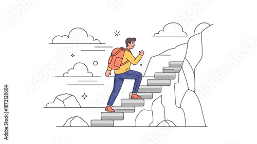 Young caucasian male climbing stairs representing personal growth and determination