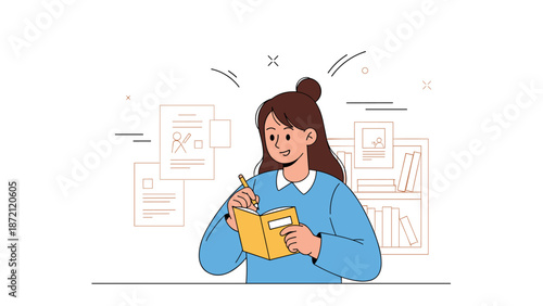 Young female reading and taking notes in blue sweater